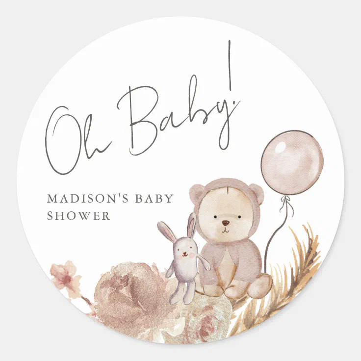 Oh Baby Boho Botanical with Sweet Bear Baby Shower Classic Round Sticker