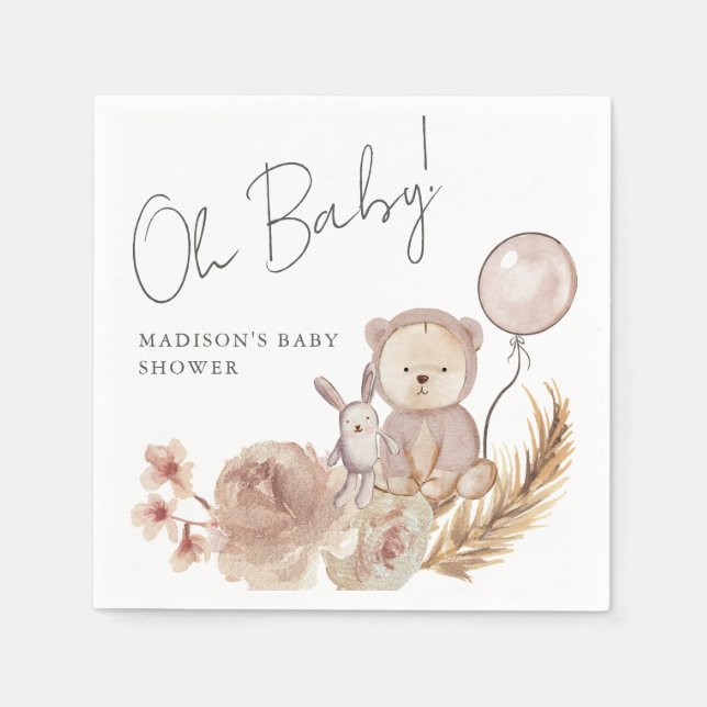 Oh Baby Boho Botanical with Sweet Bear Baby Shower Napkins (Front)