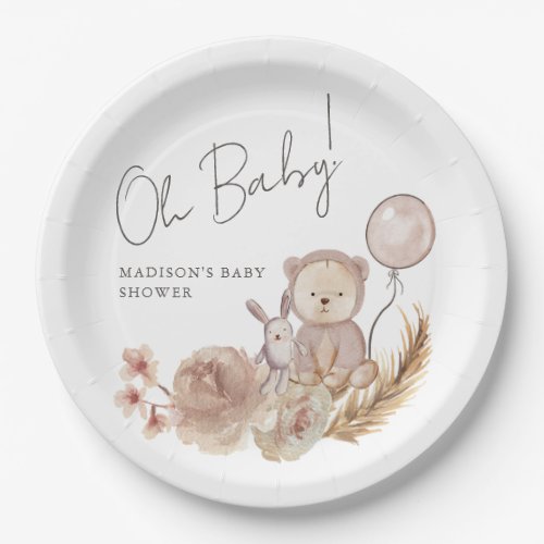 Oh Baby Boho Botanical with Sweet Bear Baby Shower Paper Plates