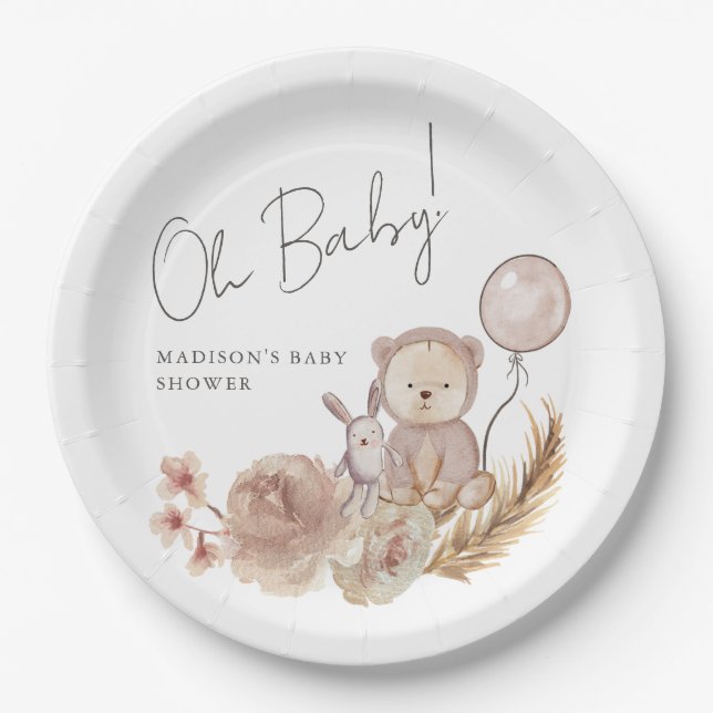 Oh Baby Boho Botanical with Sweet Bear Baby Shower Paper Plates (Front)