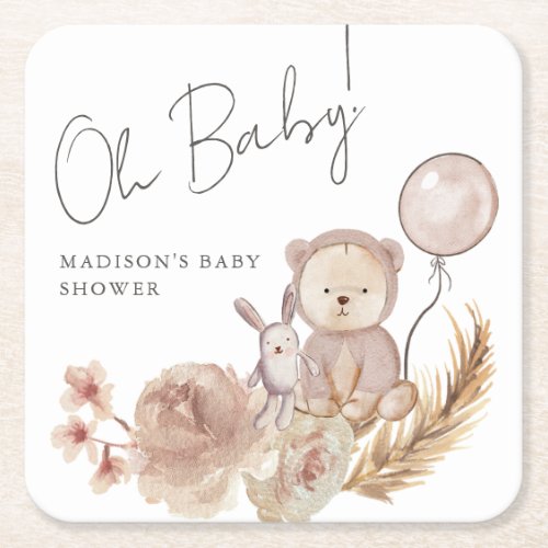 Oh Baby Boho Botanical with Sweet Bear Baby Shower Square Paper Coaster