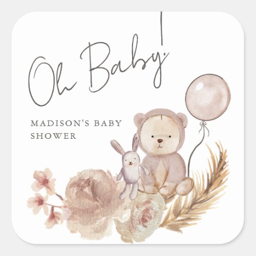 Oh Baby Boho Botanical with Sweet Bear Baby Shower Square Sticker