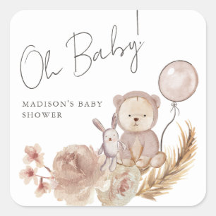 Oh Baby Boho Botanical with Sweet Bear Baby Shower Square Sticker