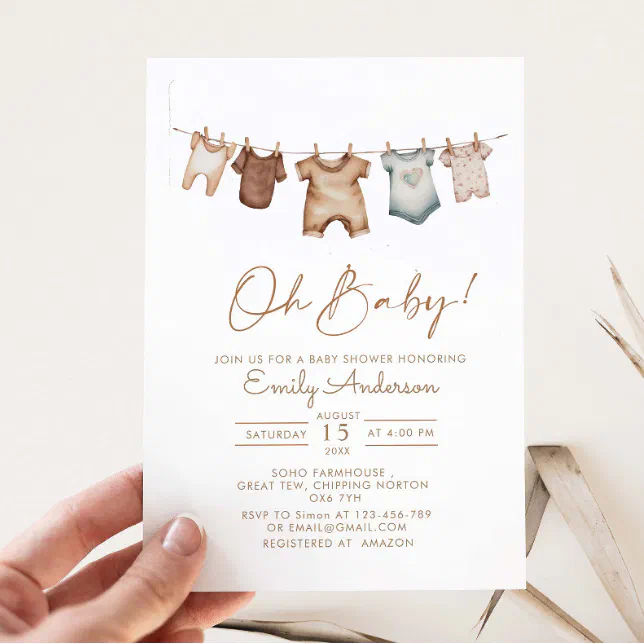 Oh Baby Boho Clothes Baby Shower Invitation | Zazzle