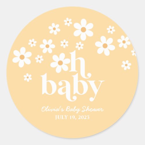 Oh Baby boho Daisy baby shower yellow Classic Round Sticker