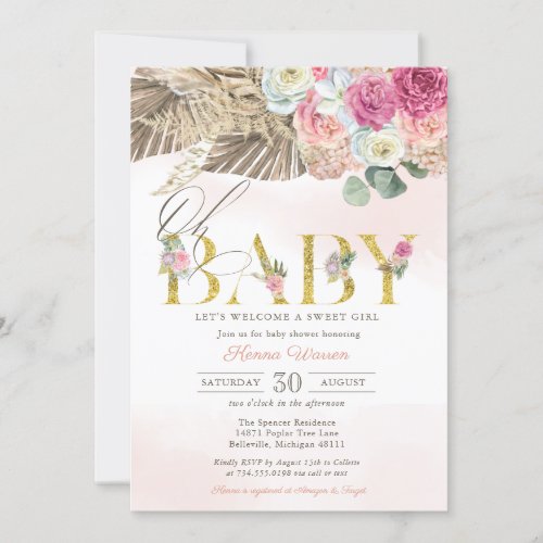 OH BABY Boho Floral Pampas  Palm Girl Shower  Inv Invitation