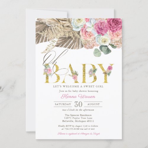 OH BABY Boho Floral Pampas  Palm Girl Shower  Invitation