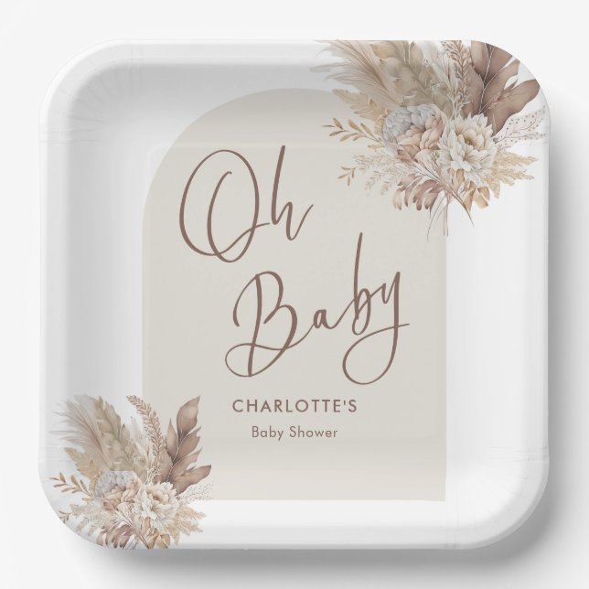Oh Baby Boho Pampas Grass Neutral Baby Shower Paper Plates (Front)