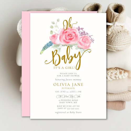 Oh Baby Boho Roses Floral Wreath Girl Baby Shower Invitation