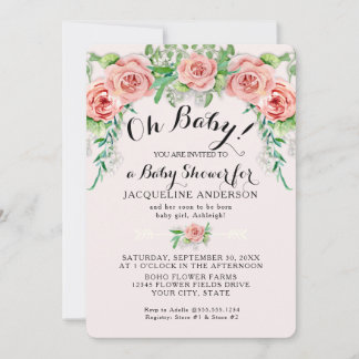Oh Baby BOHO Shower Girl Pink Rose Floral Script Invitation