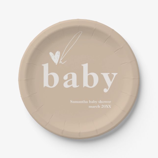 Oh Baby Boho Simple Heart Baby Shower  Paper Plates (Front)