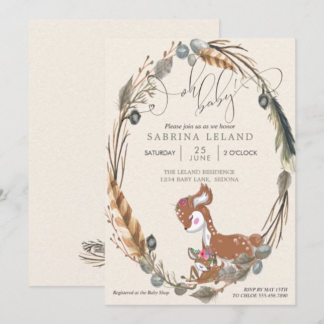 Oh Baby Botanical Deer and Fawn Baby Shower Invitation (Front/Back)