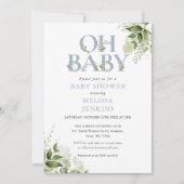 Oh Baby Botanical Greenery Dusty Blue Baby Shower Invitation (Front)