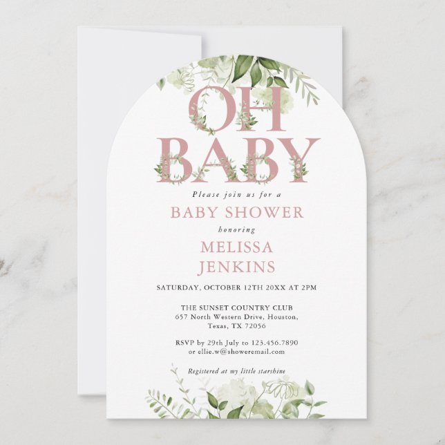 Oh Baby Botanical Greenery Dusty Rose Baby Shower Invitation (Front)