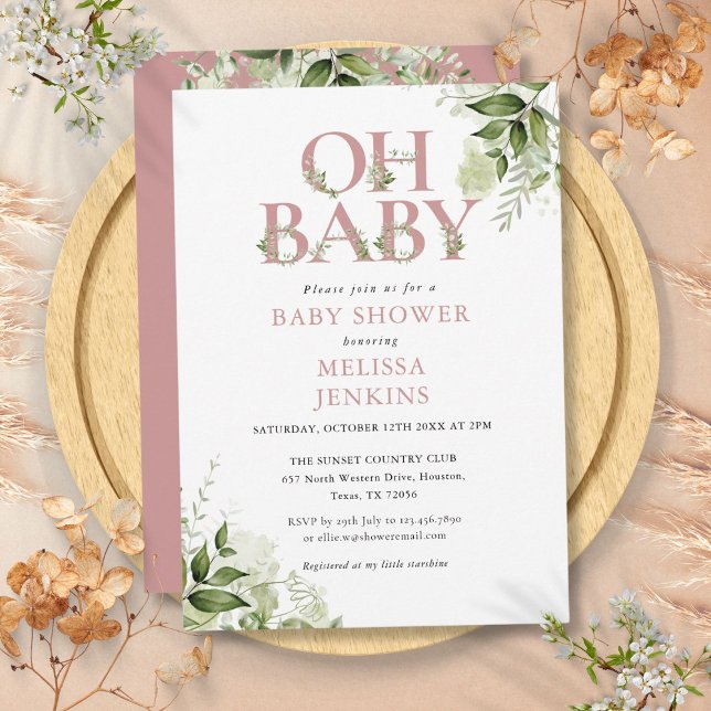 Oh Baby Botanical Greenery Dusty Rose Baby Shower Invitation (Oh Baby Botanical Greenery Dusty Rose Baby Shower Invitation)