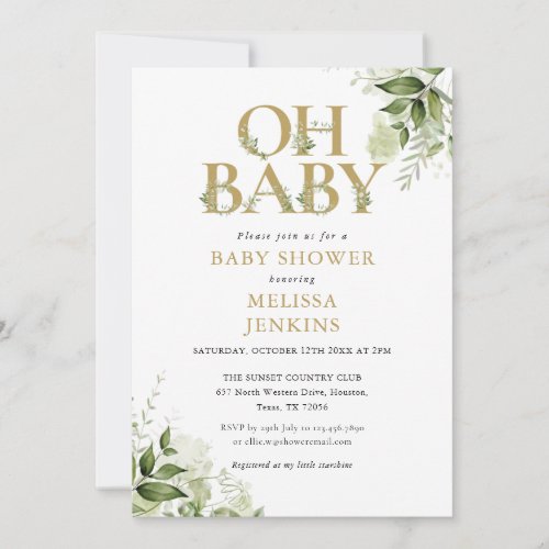 Oh Baby Botanical Greenery Gold Baby Shower Invitation