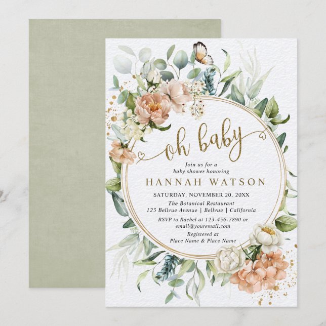 Oh Baby Botanical Rose Eucalyptus Baby Shower Invitation (Front/Back)