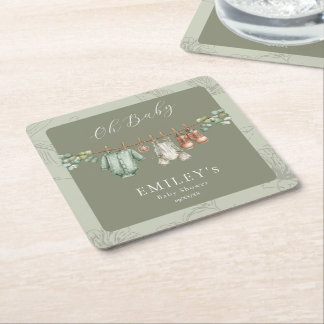 Oh Baby Botanical Sage Baby Shower Square Paper Coaster