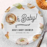 Oh Baby Bottles & Bagels Baby Shower Brunch Paper Plates<br><div class="desc">Bottles & Bagels baby shower brunch theme with Illustration of a bagel incorporated in to the design "oh baby" with baby bottle and bagel illustrations all around.  Background design is subway tile.</div>