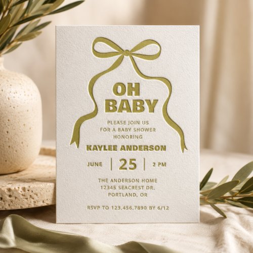 Oh Baby Bow Neutral Baby Shower Letterpress Invitation