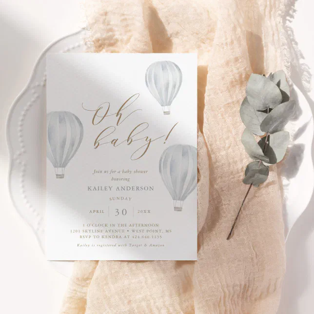 Oh Baby – Boy Baby Shower Hot Air Balloon Invitation | Zazzle