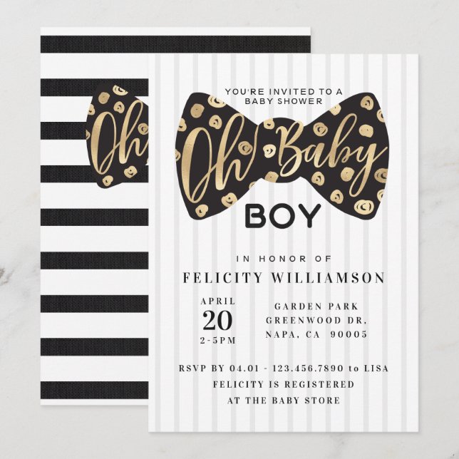 Oh Baby Boy Black & Gold Bow Tie Baby Shower Card (Front/Back)