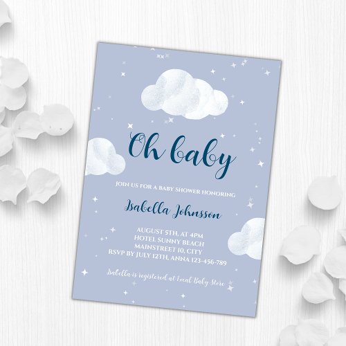 Oh Baby Boy Blue Clouds Sky Stars Baby Shower Invitation