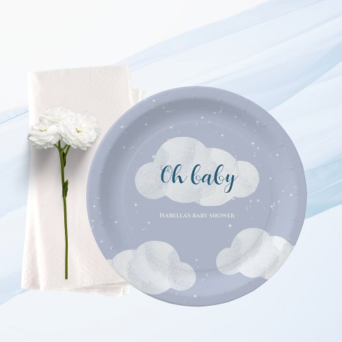 Oh Baby Boy Blue Clouds Sky Stars Baby Shower Paper Plates