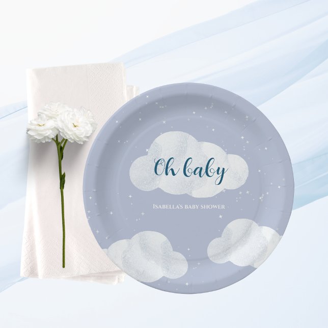 Oh Baby Boy Blue Clouds Sky Stars Baby Shower Paper Plates (oh baby clouds boy baby shower blue sky stars)