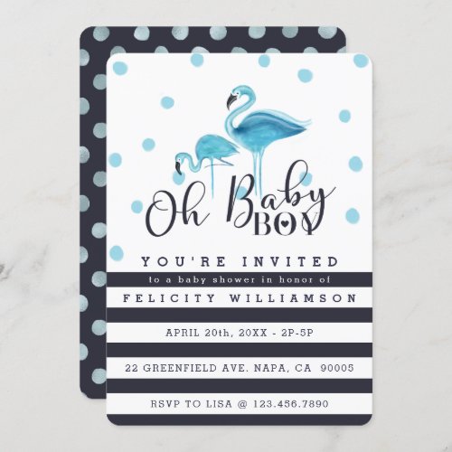 Oh Baby Boy Blue Flamingo Baby Shower Invitation