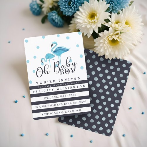 Oh Baby Boy Blue Flamingo Baby Shower Invitation