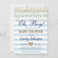 Oh Baby Boy Blue Gold Baby Shower Invitation