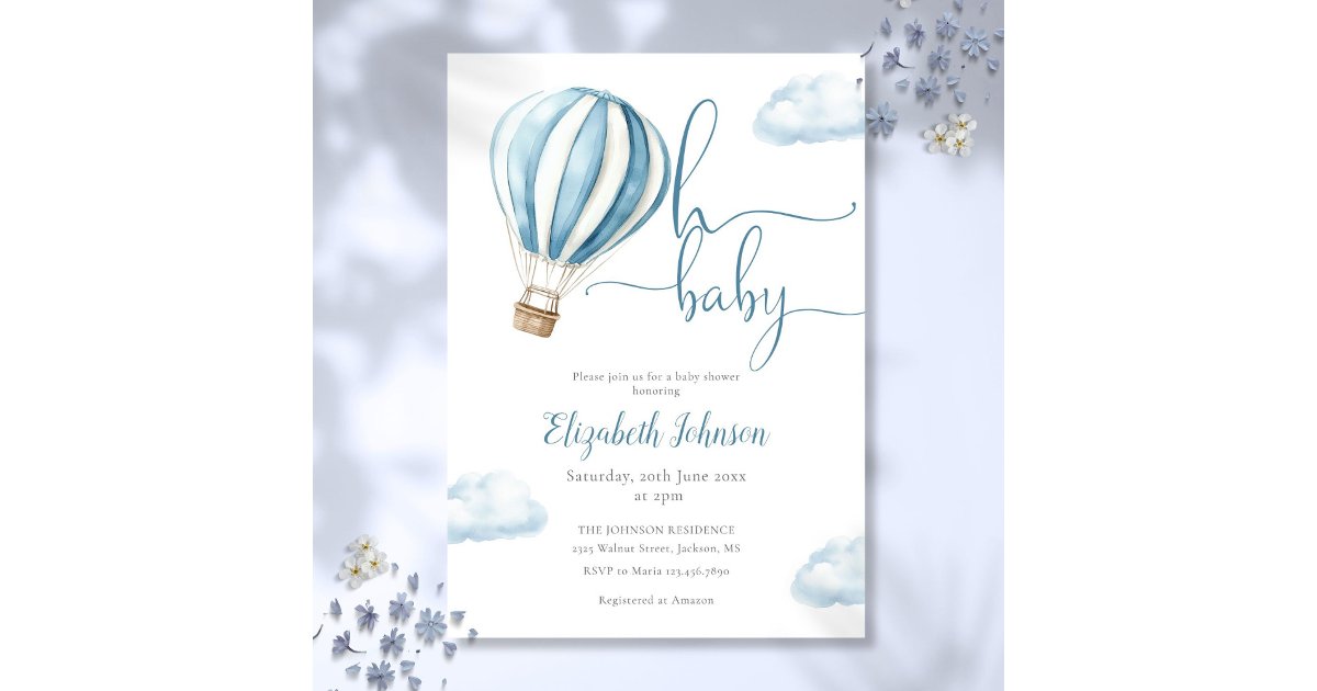 Oh Baby Boy Blue Hot Air Balloon Baby Shower Invitation | Zazzle