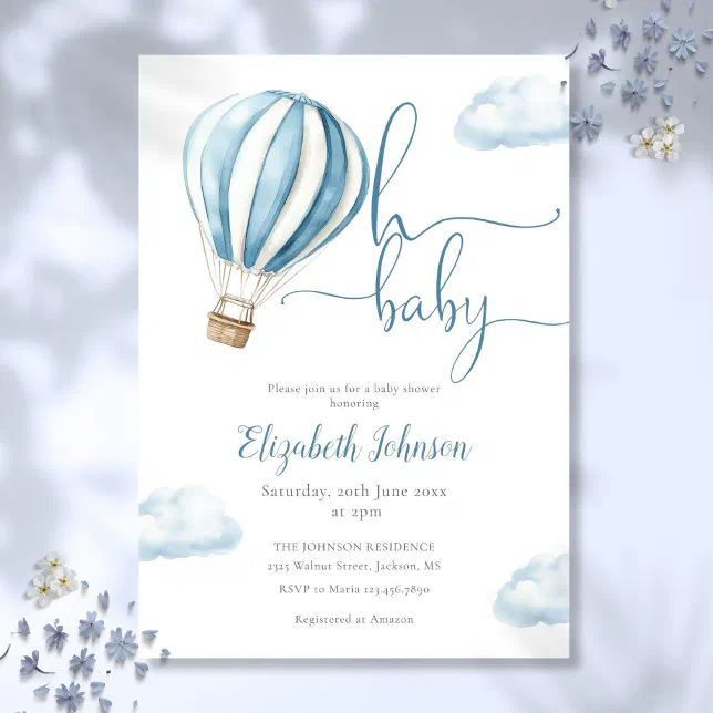 Oh Baby Boy Blue Hot Air Balloon Baby Shower Invitation | Zazzle