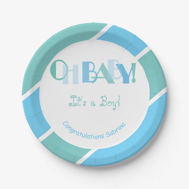 Oh Baby Boy Blue Modern Baby Shower Paper Plates (Front)