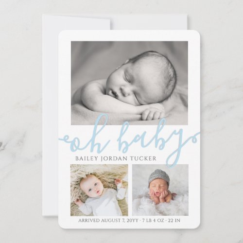 Oh Baby Boy Blue Script Collage Photo Birth Announcement