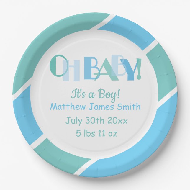 Oh Baby Boy Blue Typography Baby Shower Paper Plates (Front)