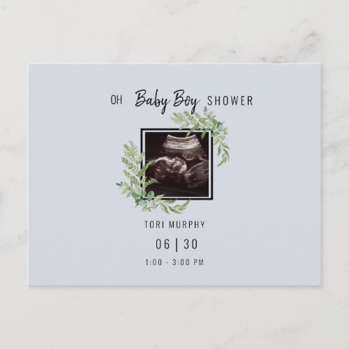 Oh Baby Boy Blue Ultrasound Photo Baby Shower Announcement Postcard