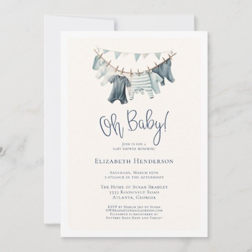 Oh Baby Boy Clothes on Clothesline Baby Shower Invitation