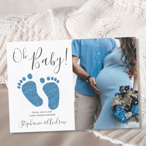 Oh Baby Boy Couples Photo Blue Baby Shower Invitation