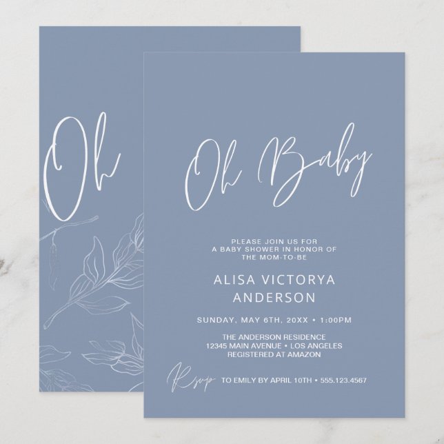 Oh Baby Boy Dusty Blue Simple Shower Invitation (Front/Back)
