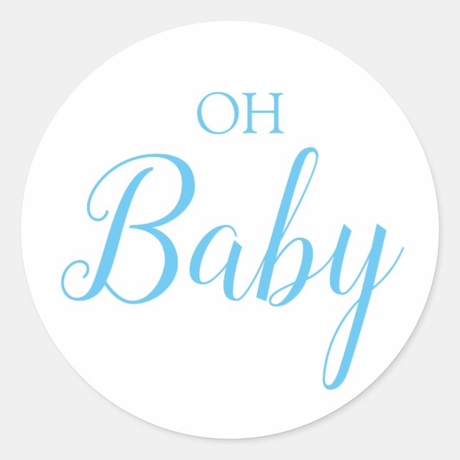 Oh Baby Boy Gender Reveal Blue Script Classic Round Sticker (Front)