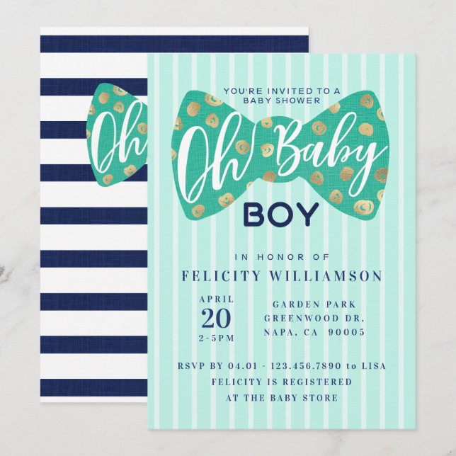 Oh Baby Boy Green & Navy Bow Tie Shower Invitation (Front/Back)