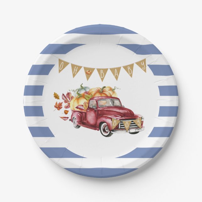 Oh Baby Boy Little Pumpkin Fall Baby Shower Paper Plates (Front)