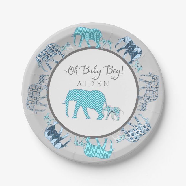 Oh Baby Boy Patterned Elephants Chevron Modern Paper Plates (Front)