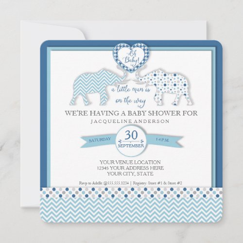 Oh Baby BOY Shower Heart Elephants Typography Art Invitation