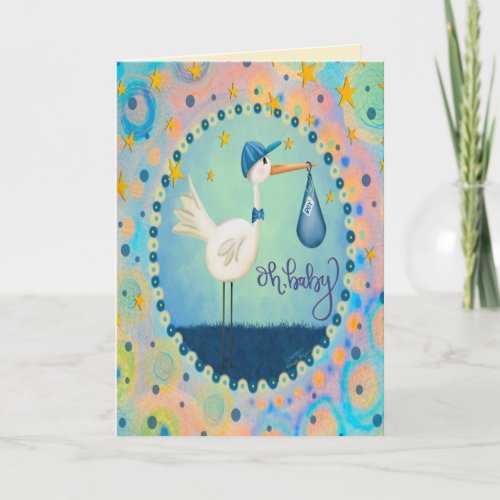 Oh Baby Boy Stork Whimsical Cute Blue Card