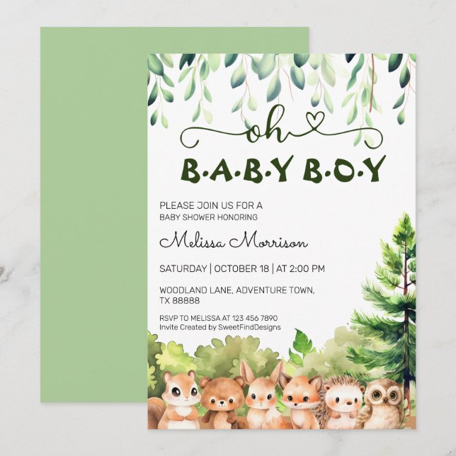 Oh Baby Boy Woodland Shower Invitation (Front/Back)