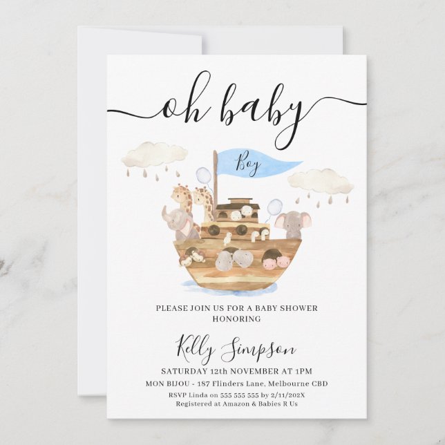 Oh Baby Boys Noahs Arch Baby Shower Invitation (Front)