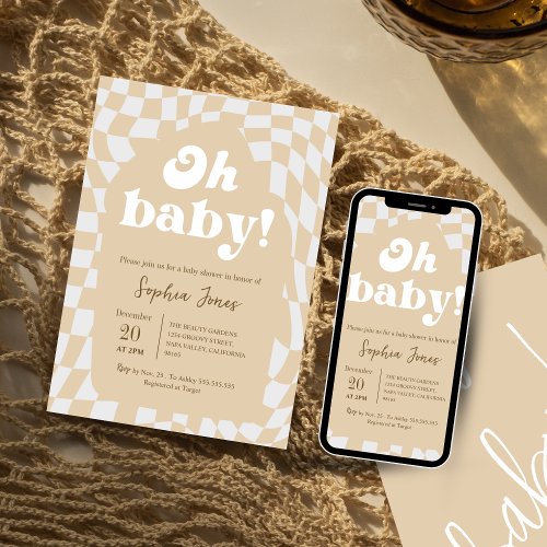 Oh Baby Brown Checkered  Gingham  baby shower Invitation
